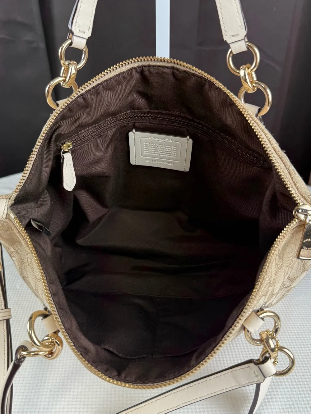 Coach Beige Signature Canvas Satchel with Cream Trim